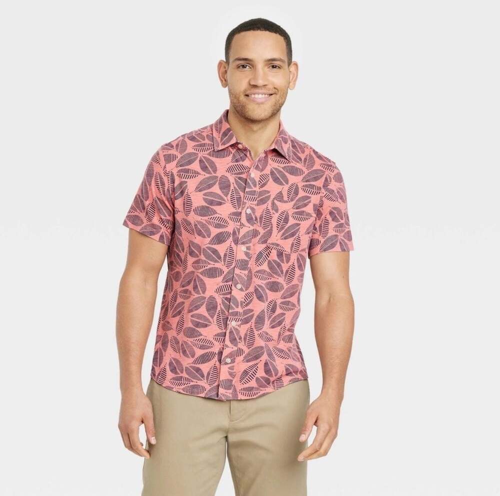Goodfellow & Co Coral Red Leaf Pattern Short Sleeve Button Down Shirt Size M